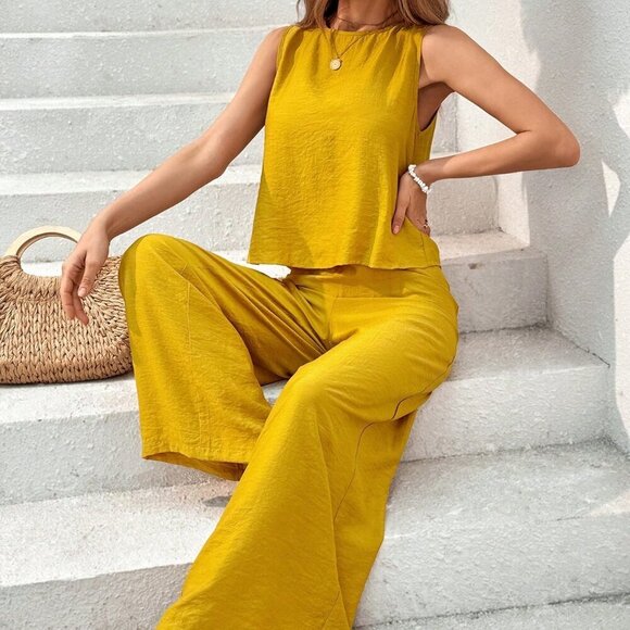 Yellow Casual Women's Summer Sleeveless Vest And Wide-Leg Pants Two Piece Set - Picture 1 of 6